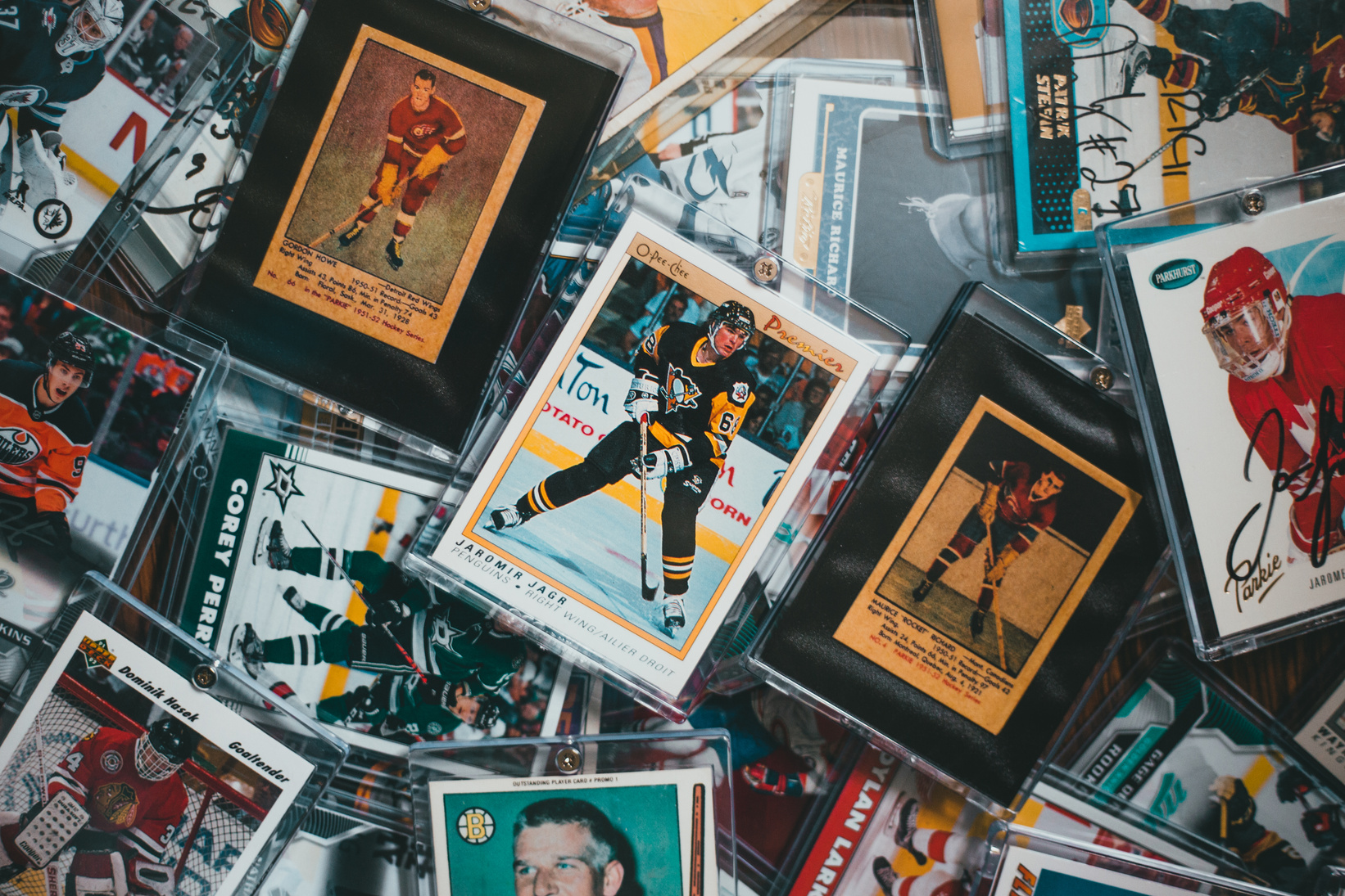 Close Up of Vintage Hockey Cards Collection